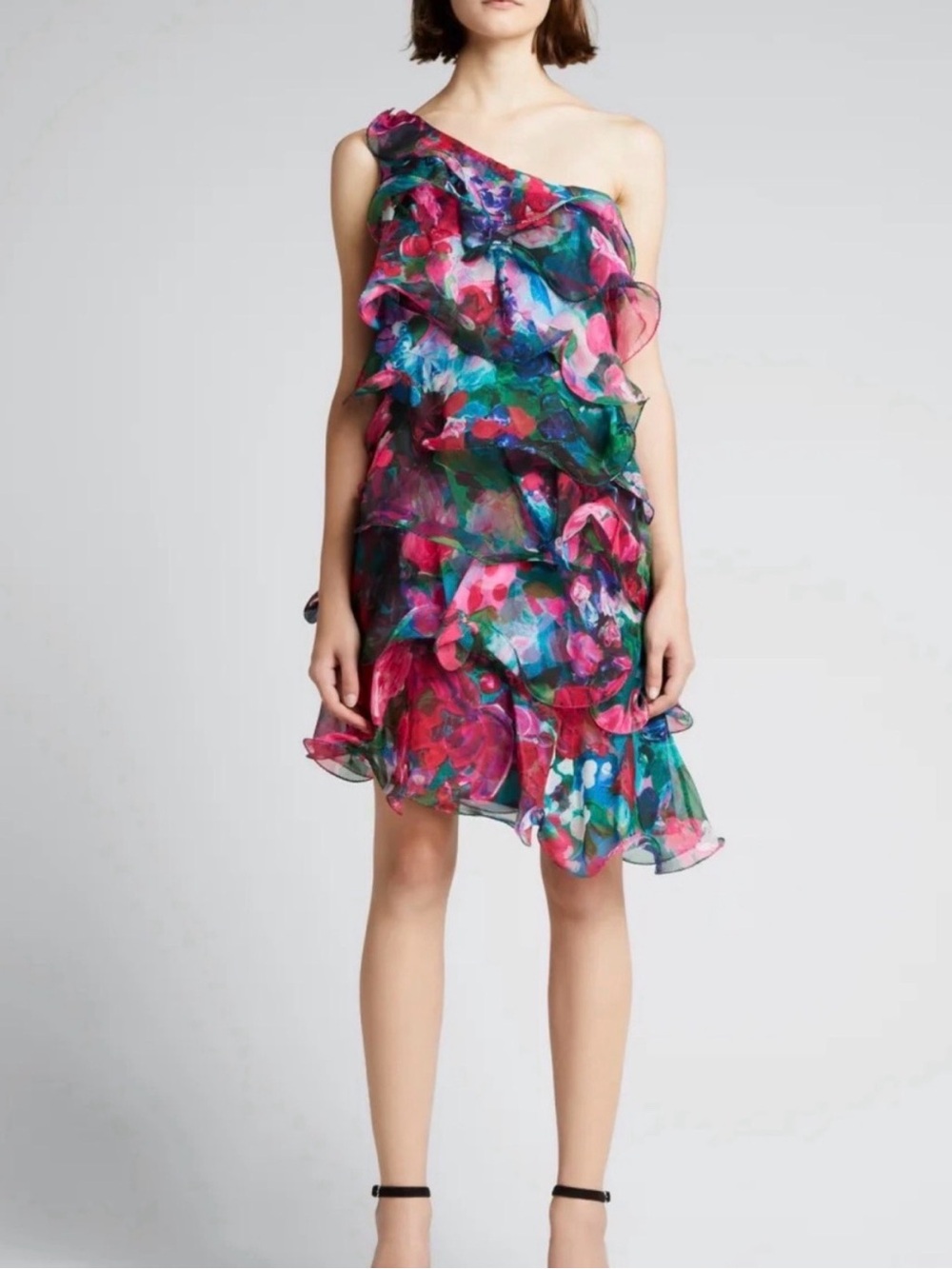 Marchesa Notte Ruffle-Tiered
One-Shoulder Dress,